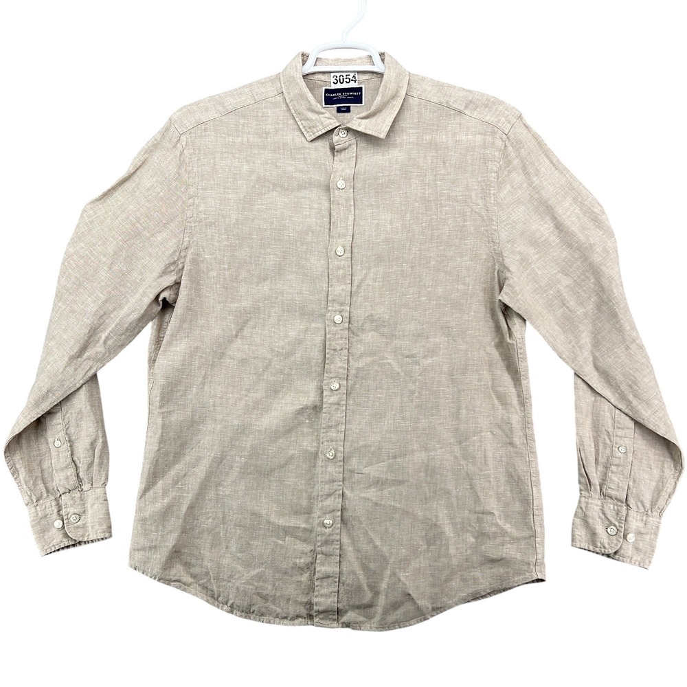 Charles Tyrwhitt Linen Shirt Slim Fit Mens Large Tan Beige Long Sleeve Button Up